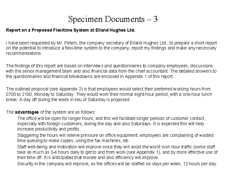 Specimen Documents – 3 Report on a Proposed Flexitime System at Elland Hughes Ltd.
