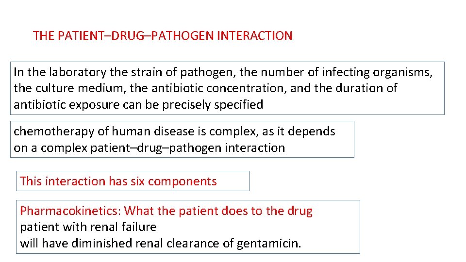 THE PATIENT–DRUG–PATHOGEN INTERACTION In the laboratory the strain of pathogen, the number of infecting