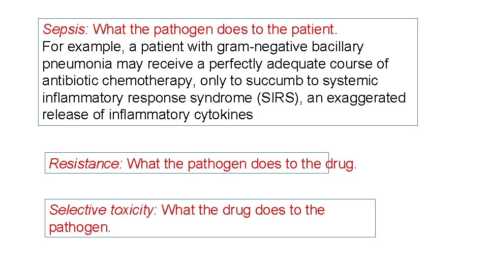 Sepsis: What the pathogen does to the patient. For example, a patient with gram-negative