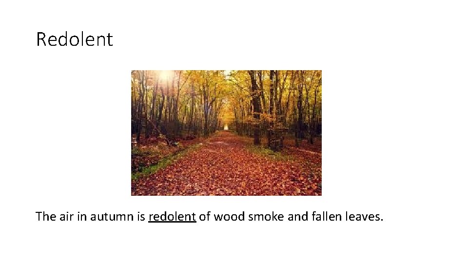 Redolent The air in autumn is redolent of wood smoke and fallen leaves. 