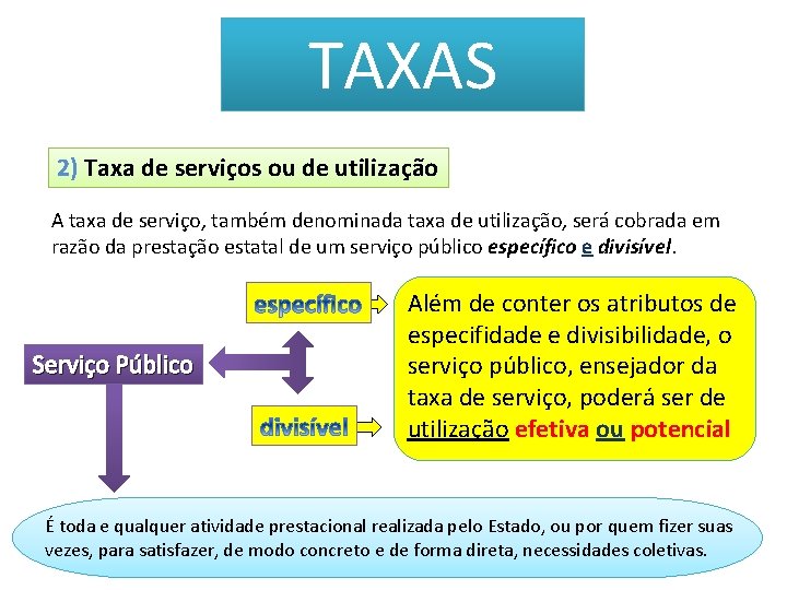 TAXAS 2) Taxa de serviços ou de utilização A taxa de serviço, também denominada