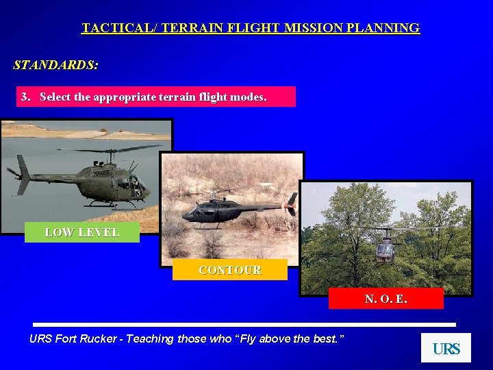 TACTICAL/ TERRAIN FLIGHT MISSION PLANNING STANDARDS: 3. Select the appropriate terrain flight modes. LOW