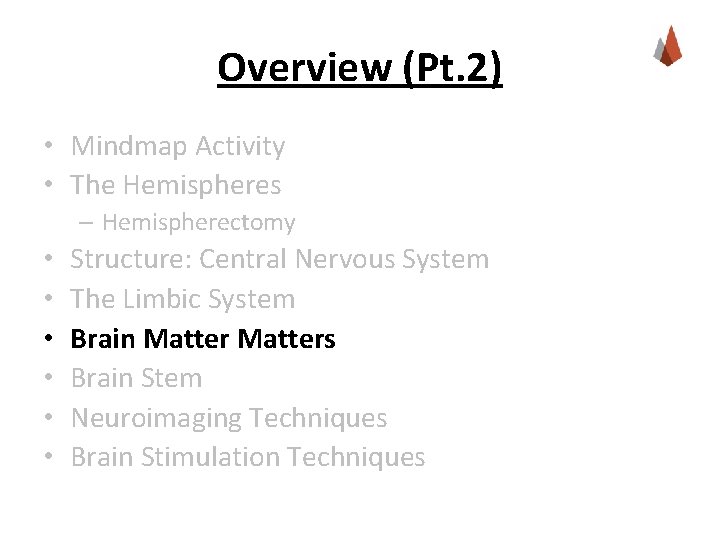 Overview (Pt. 2) • Mindmap Activity • The Hemispheres – Hemispherectomy • • •