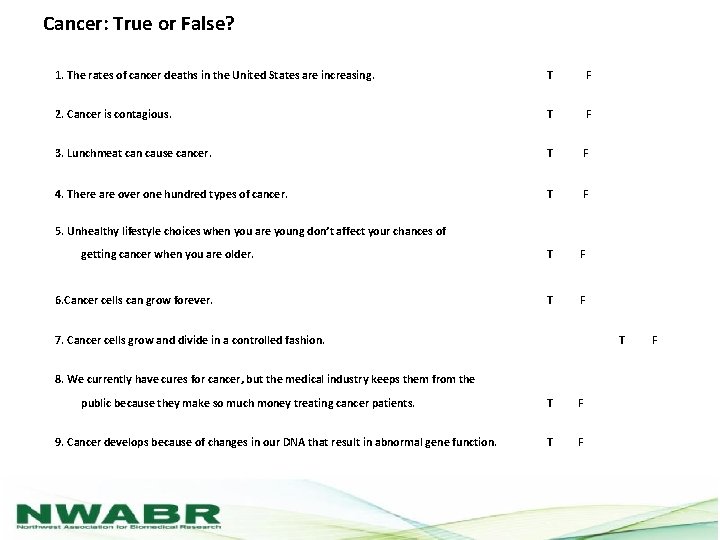Cancer: True or False? 1. The rates of cancer deaths in the United States