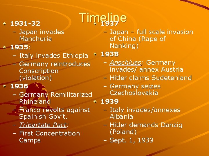 Timeline 1931 -32 1937 – Japan invades – Japan – full scale invasion Manchuria