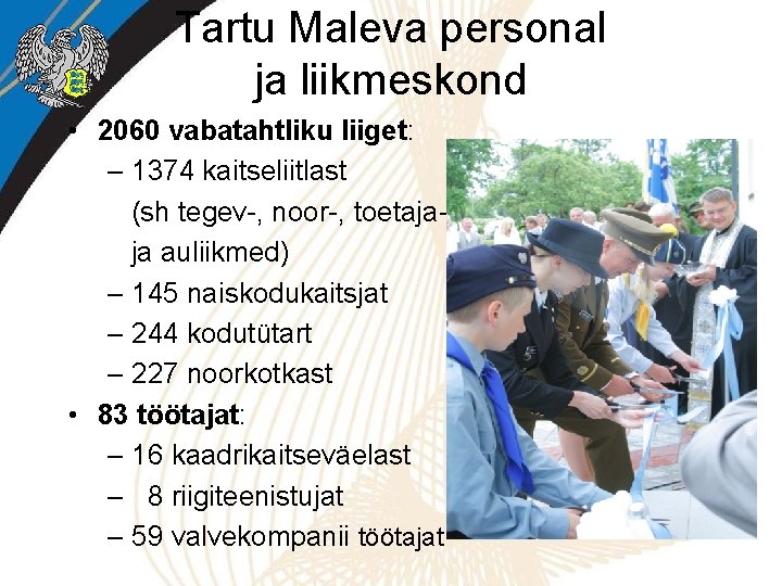 Tartu Maleva personal ja liikmeskond • 2060 vabatahtliku liiget: – 1374 kaitseliitlast (sh tegev-,