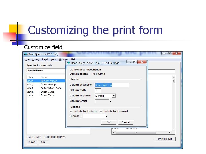 Customizing the print form Customize field 