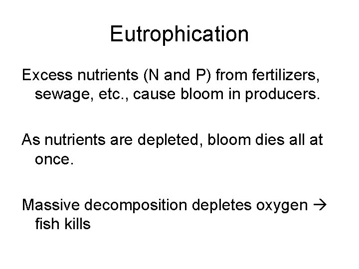 Eutrophication Excess nutrients (N and P) from fertilizers, sewage, etc. , cause bloom in