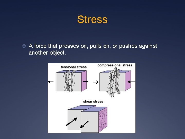 Stress Ü A force that presses on, pulls on, or pushes against another object.