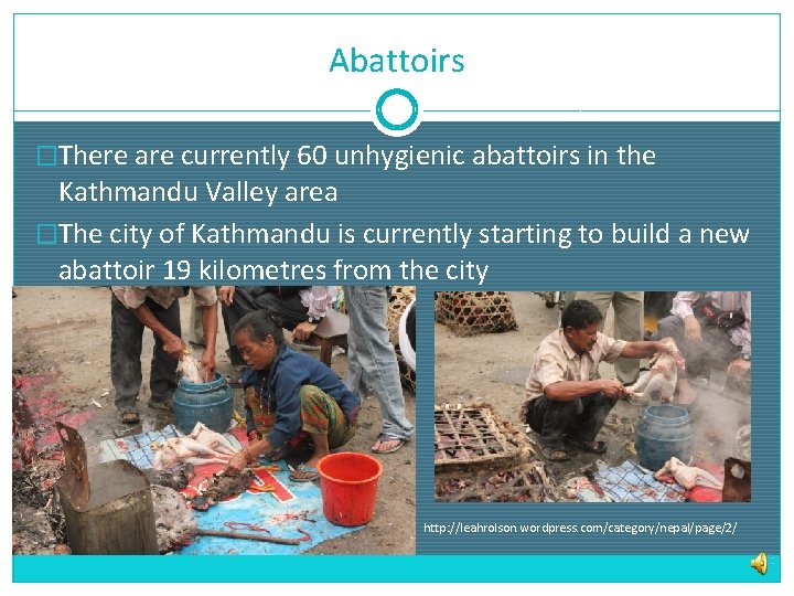 Abattoirs �There are currently 60 unhygienic abattoirs in the Kathmandu Valley area �The city