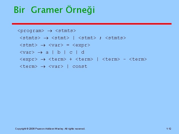 Bir Gramer Örneği <program> <stmts> <stmt> | <stmt> ; <stmts> <stmt> <var> = <expr>