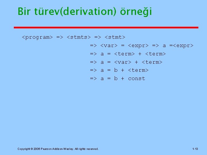 Bir türev(derivation) örneği <program> => <stmts> => <stmt> => <var> = <expr> => a