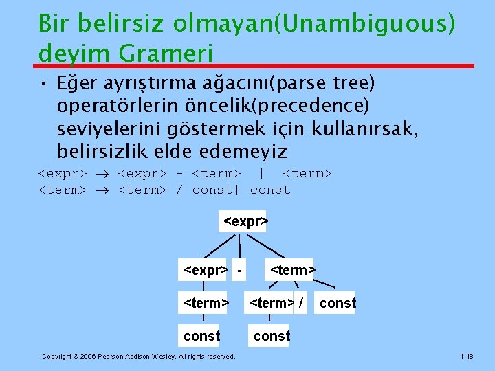 Bir belirsiz olmayan(Unambiguous) deyim Grameri • Eğer ayrıştırma ağacını(parse tree) operatörlerin öncelik(precedence) seviyelerini göstermek