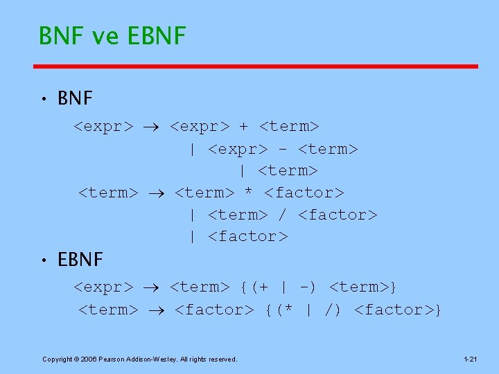 BNF ve EBNF • BNF <expr> + <term> | <expr> - <term> | <term>