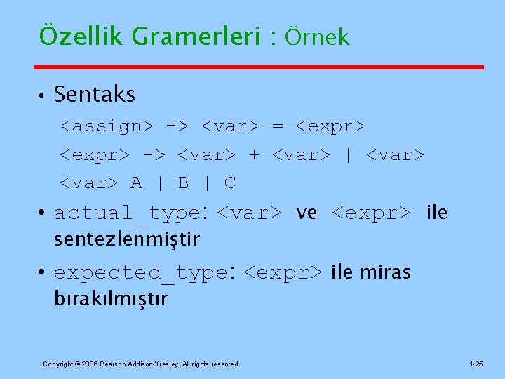 Özellik Gramerleri : Örnek • Sentaks <assign> -> <var> = <expr> -> <var> +