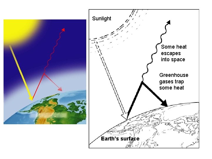 Sunlight Some heat escapes into space Greenhouse gases trap some heat Earth’s surface 