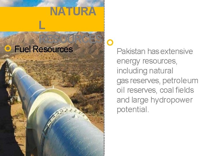 NATURA L RESOURCES Fuel Resources Pakistan has extensive energy resources, including natural gas reserves,
