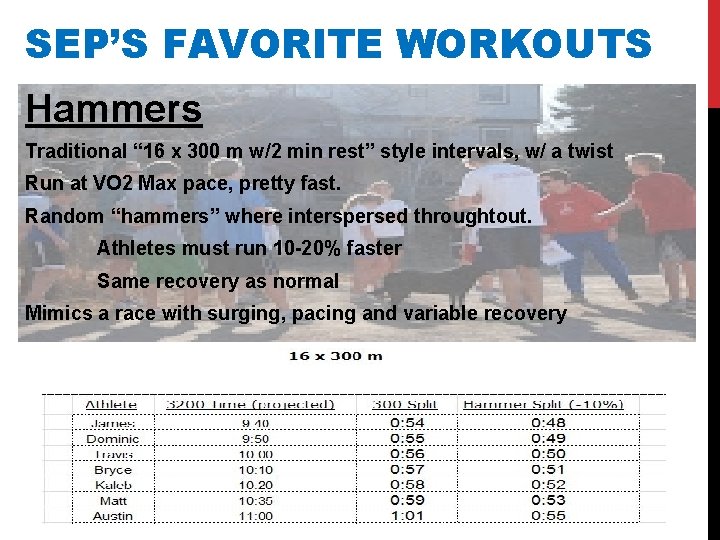 SEP’S FAVORITE WORKOUTS Hammers Traditional “ 16 x 300 m w/2 min rest” style