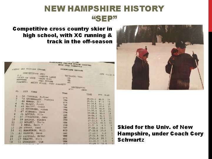 NEW HAMPSHIRE HISTORY “SEP” Competitive cross country skier in high school, with XC running