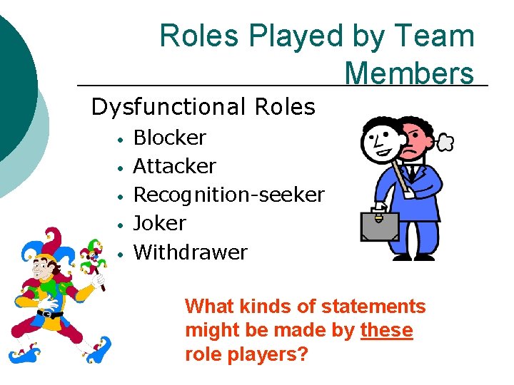 Roles Played by Team Members Dysfunctional Roles • • • Blocker Attacker Recognition-seeker Joker