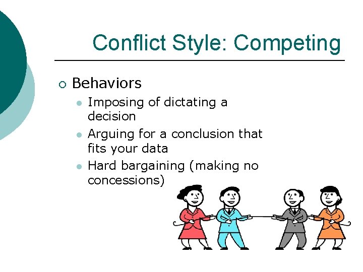 Conflict Style: Competing ¡ Behaviors l l l Imposing of dictating a decision Arguing