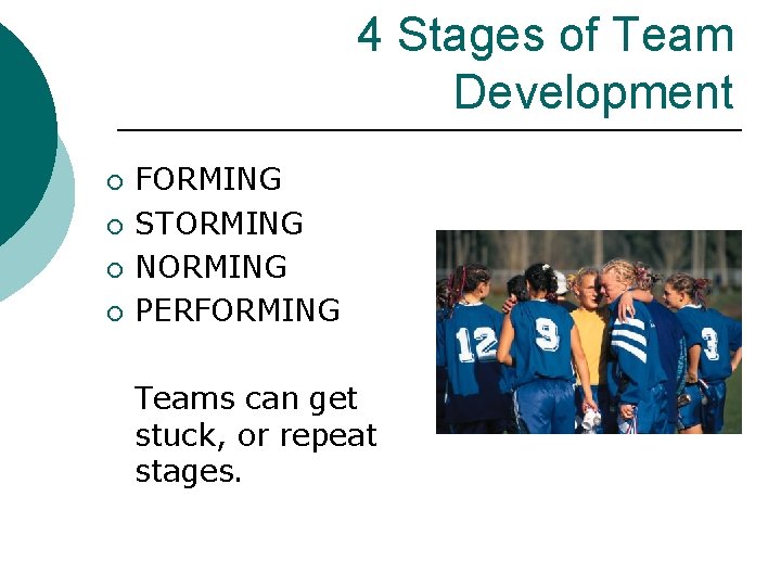 4 Stages of Team Development ¡ ¡ FORMING STORMING NORMING PERFORMING Teams can get