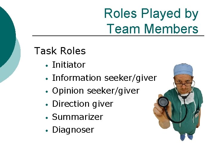 Roles Played by Team Members Task Roles • Initiator • Information seeker/giver • Opinion