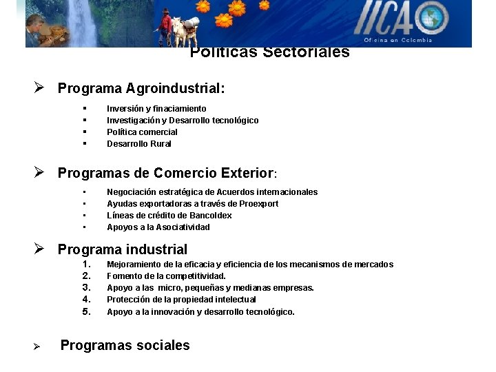 ü Políticas Sectoriales Ø Programa Agroindustrial: § § Inversión y finaciamiento Investigación y Desarrollo