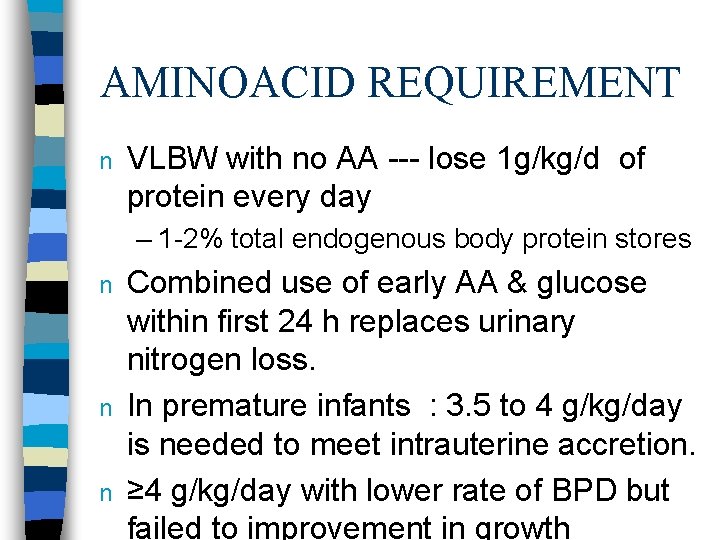 AMINOACID REQUIREMENT n VLBW with no AA --- lose 1 g/kg/d of protein every