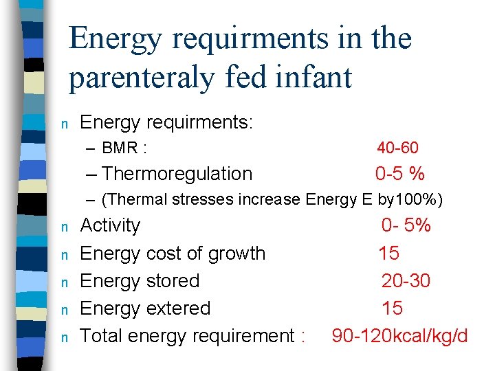 Energy requirments in the parenteraly fed infant n Energy requirments: – BMR : 40