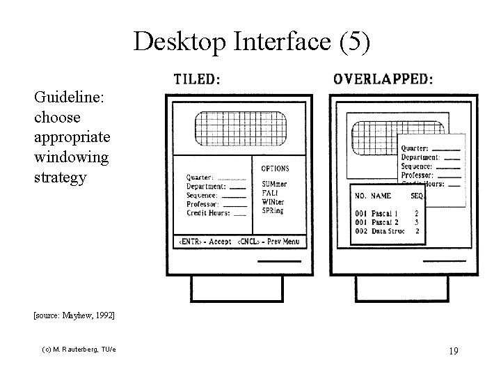Desktop Interface (5) Guideline: choose appropriate windowing strategy [source: Mayhew, 1992] (c) M. Rauterberg,