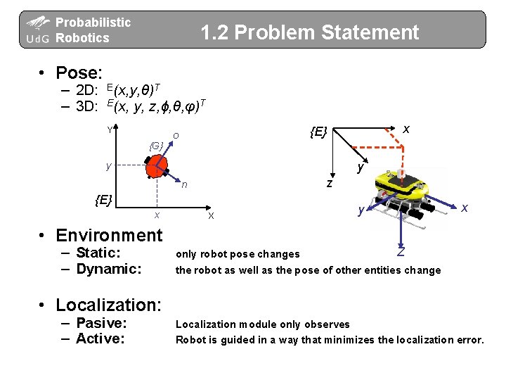 Probabilistic Robotics 1. 2 Problem Statement • Pose: – 2 D: E(x, y, θ)T