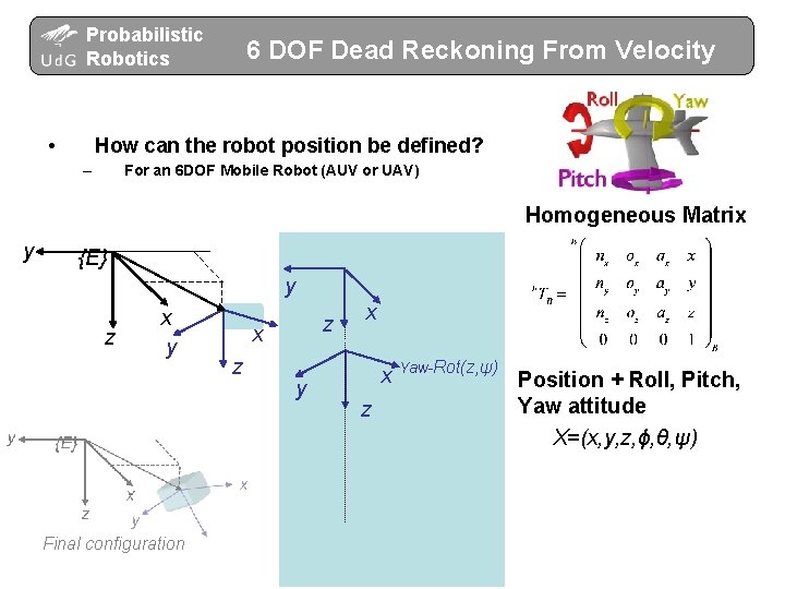 Probabilistic Robotics • 6 DOF Dead Reckoning From Velocity How can the robot position