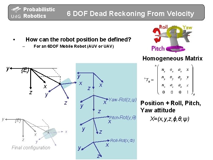 Probabilistic Robotics • 6 DOF Dead Reckoning From Velocity How can the robot position