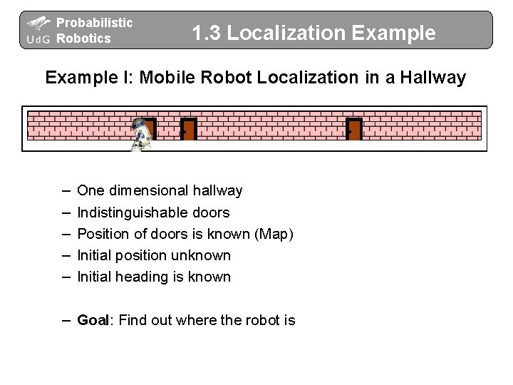 Probabilistic Robotics 1. 3 Localization Example I: Mobile Robot Localization in a Hallway – Probabilistic Robotics 1. 3 Localization Example I: Mobile Robot Localization in a Hallway –