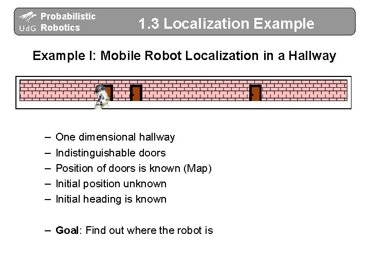 Probabilistic Robotics 1. 3 Localization Example I: Mobile Robot Localization in a Hallway –