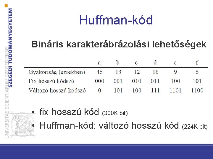 Huffman-kód Bináris karakterábrázolási lehetőségek • fix hosszú kód (300 K bit) • Huffman-kód: változó