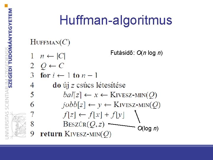 Huffman-algoritmus Futásidő: O(n log n) O(log n) 