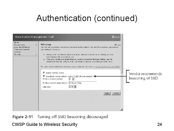 Authentication (continued) CWSP Guide to Wireless Security 24 