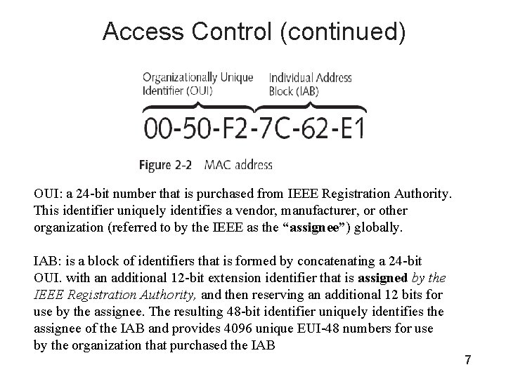 Access Control (continued) OUI: a 24 -bit number that is purchased from IEEE Registration