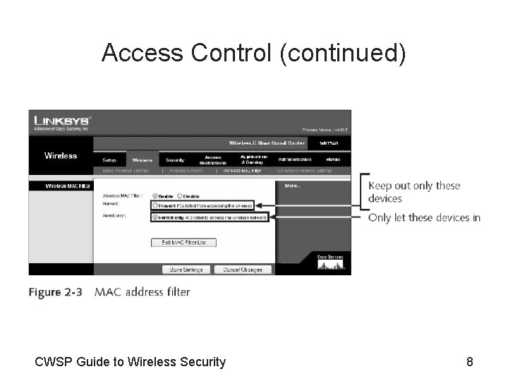 Access Control (continued) CWSP Guide to Wireless Security 8 