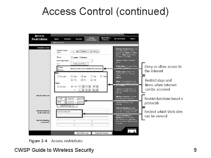 Access Control (continued) CWSP Guide to Wireless Security 9 