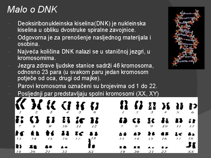 Malo o DNK Deoksiribonukleinska kiselina(DNK) je nukleinska kiselina u obliku dvostruke spiralne zavojnice. Odgovorna