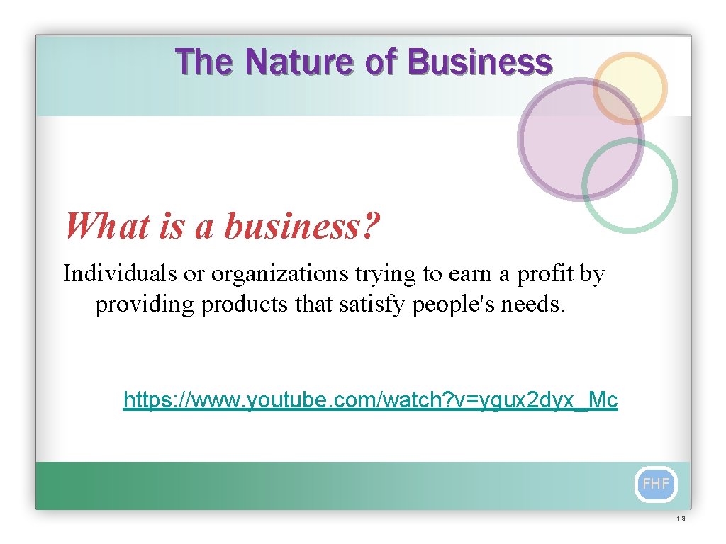 The Nature of Business What is a business? Individuals or organizations trying to earn