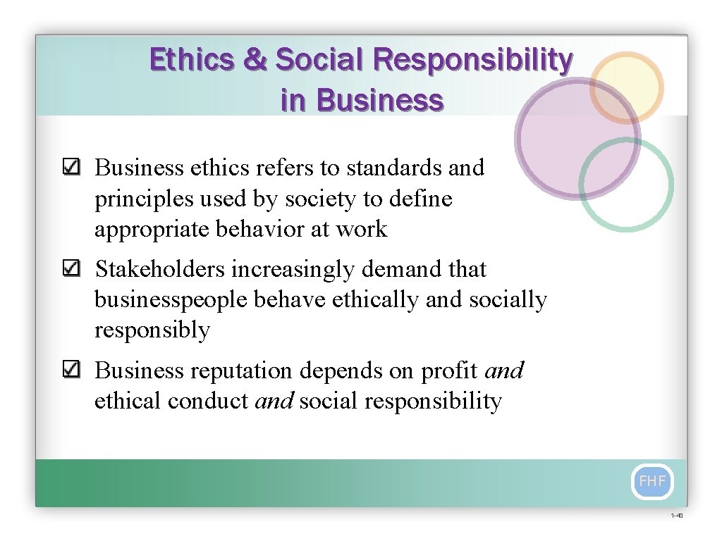Ethics & Social Responsibility in Business ethics refers to standards and principles used by