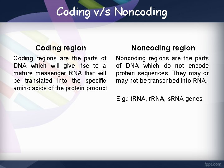 Coding v/s Noncoding Coding region Noncoding region Coding regions are the parts of DNA