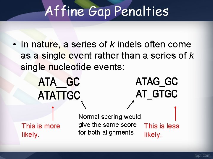 Affine Gap Penalties • In nature, a series of k indels often come as