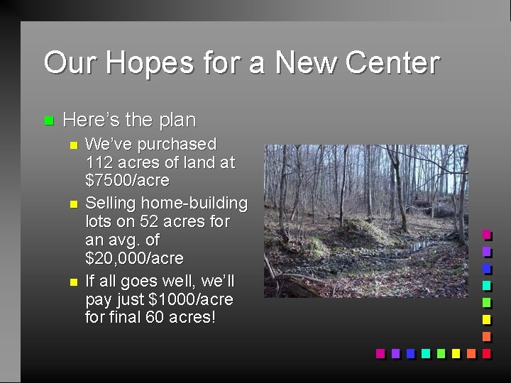 Our Hopes for a New Center n Here’s the plan n We’ve purchased 112