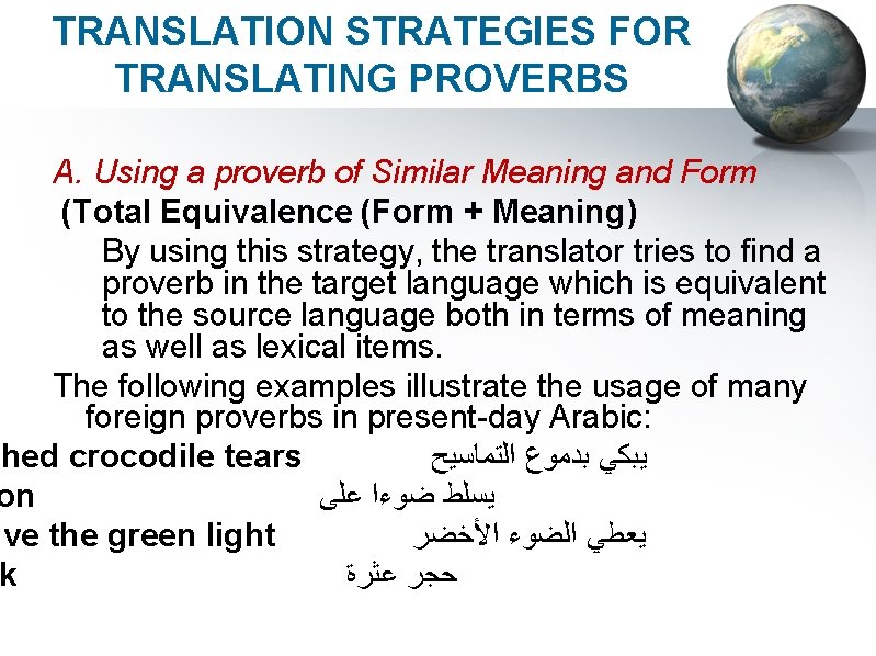 TRANSLATION STRATEGIES FOR TRANSLATING PROVERBS A. Using a proverb of Similar Meaning and Form