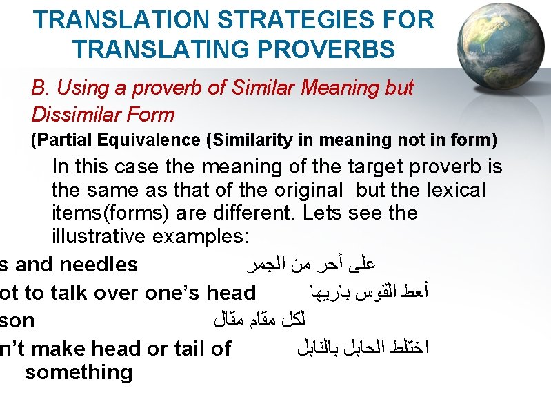 TRANSLATION STRATEGIES FOR TRANSLATING PROVERBS B. Using a proverb of Similar Meaning but Dissimilar